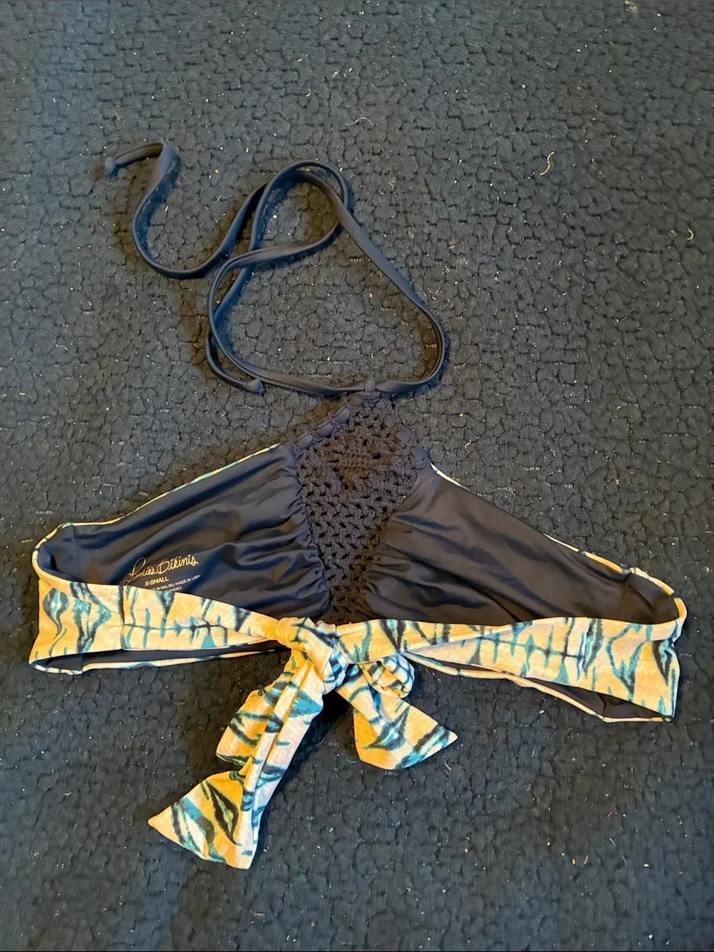 Frankie's Bikinis blue and cream patterned halter bikini top